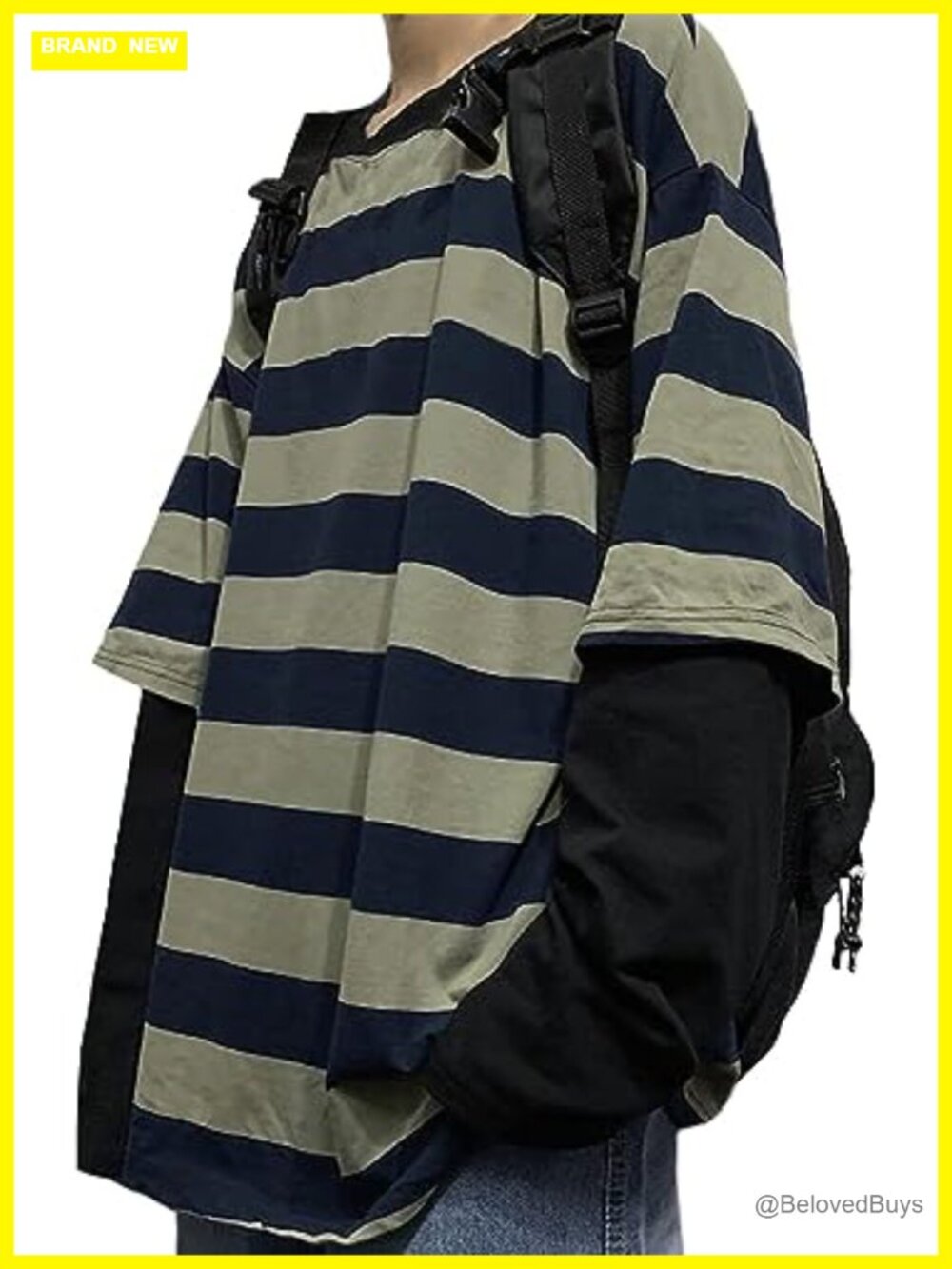 Womens Oversized Long Sleeve Color Block Stripe Casual T-Shirt Loose Fit